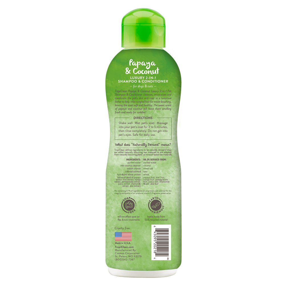 TropiClean Papaya & Coconut 2-In-1 Shampoo and Conditioner for Pets, image of the back of 20oz bottle