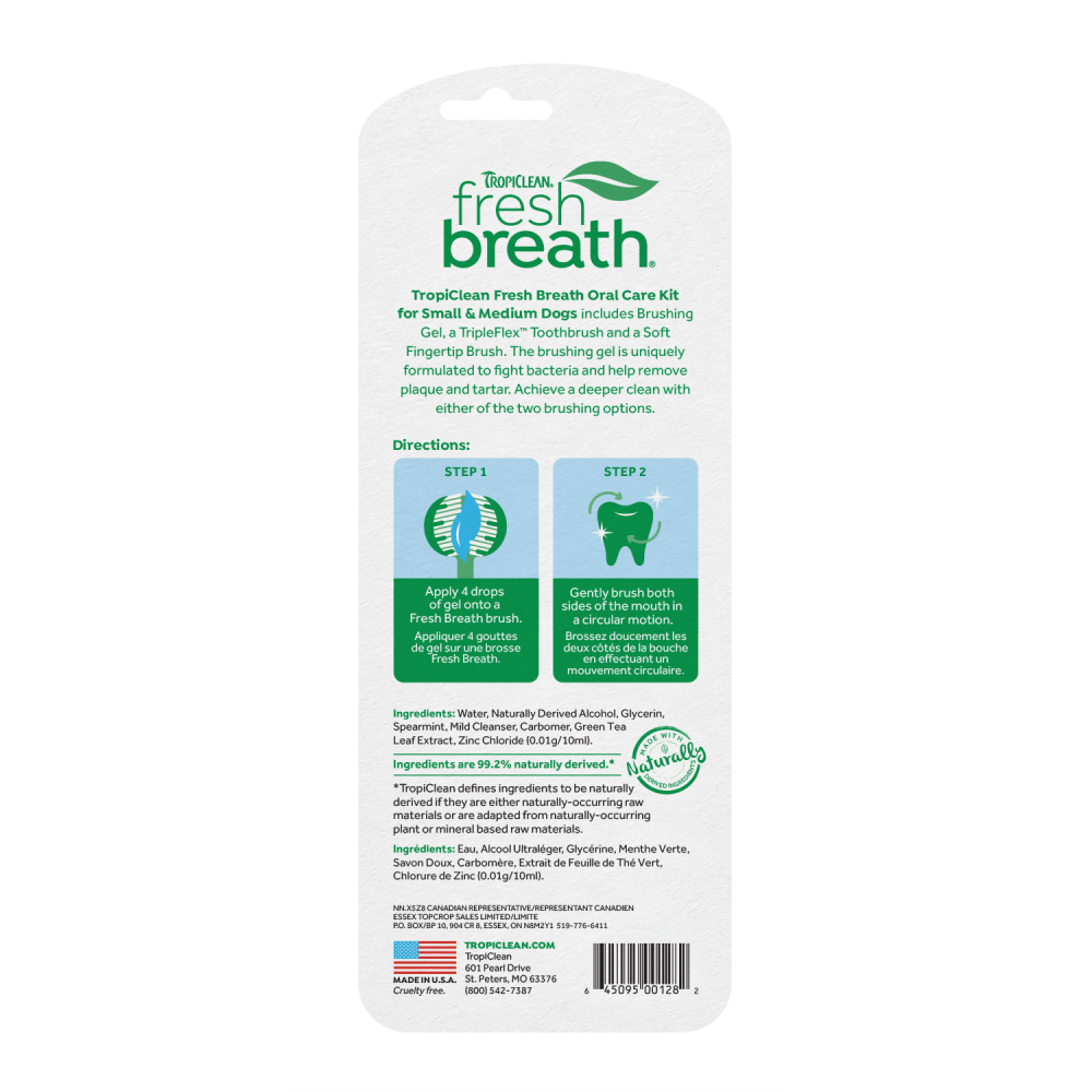 TropiClean Fresh Breath dental care kit back packaging on a white background