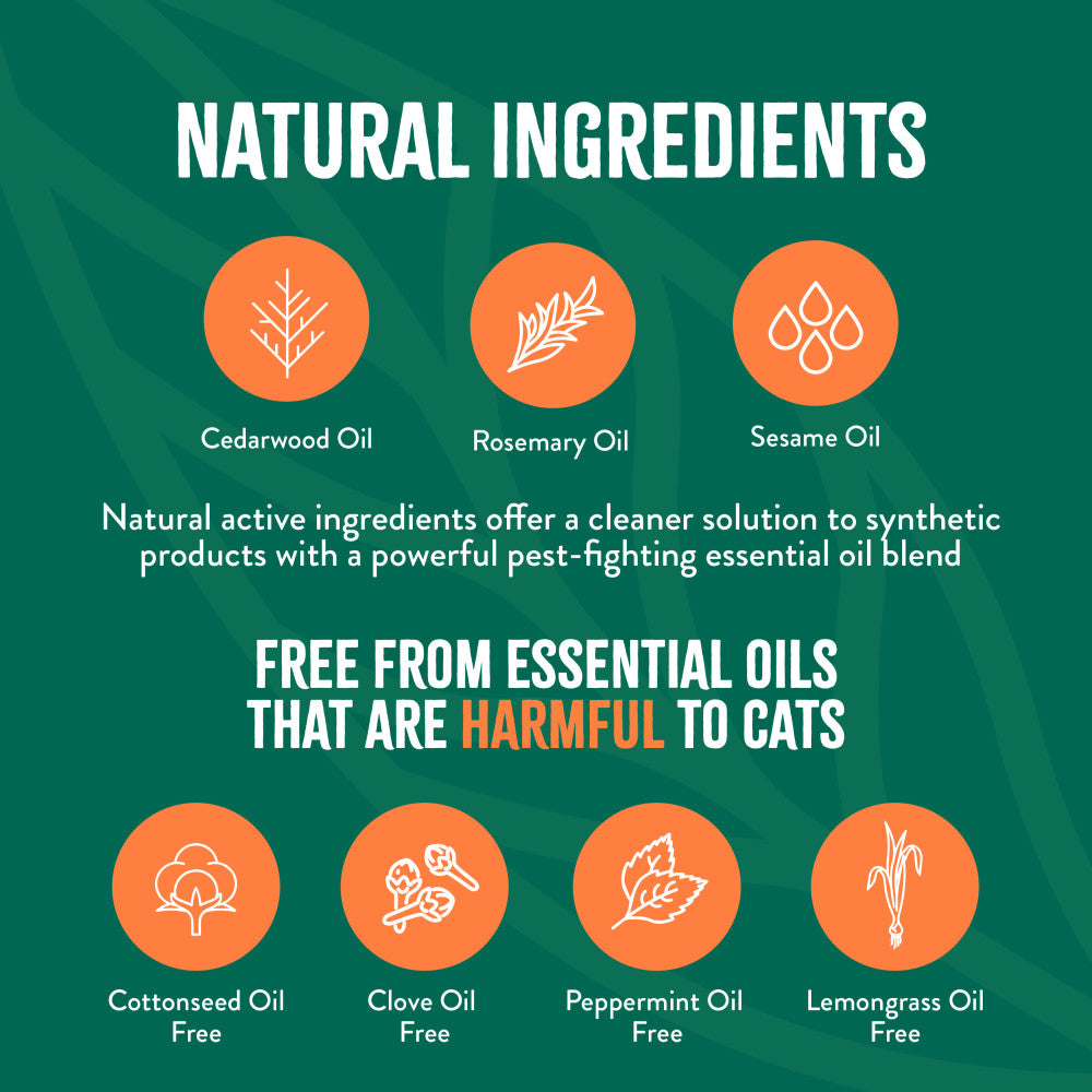 TropiClean Natural Flea + Tick Waterless Shampoo for Cats, Product label highlighting natural ingredients and oil safety for cats