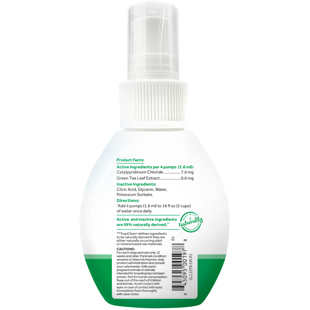TropiClean Fresh Breath Dog Dental Water Additive Concentrate, image of back of bottle