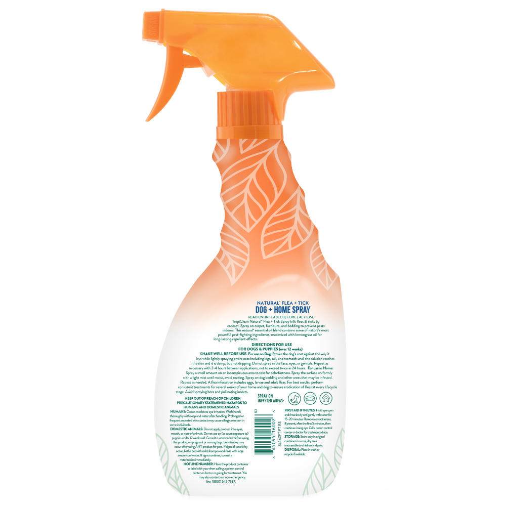 TropiClean Flea and Tick Pet & Bedding Spray for Dogs, back of 16oz spray bottle
