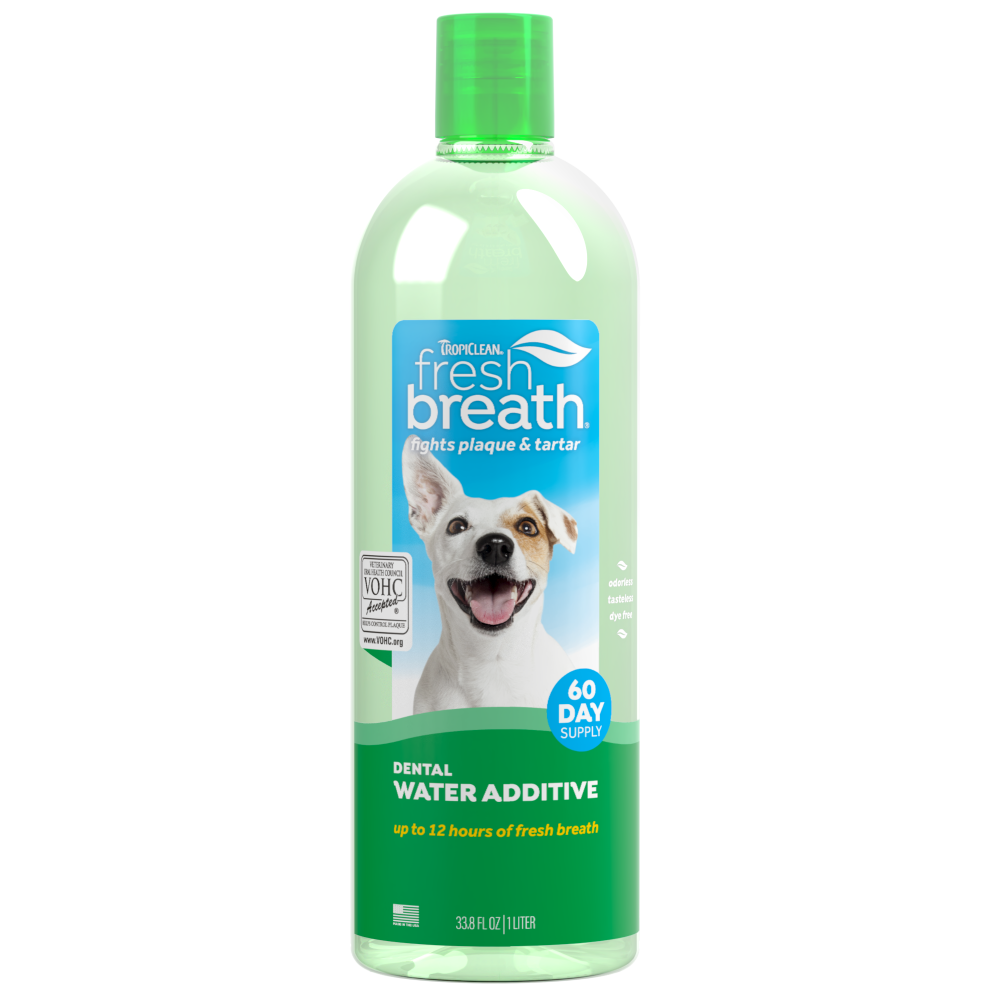 TropiClean Fresh Breath Oral Care Water Additive for Pets, front image of 33oz bottle