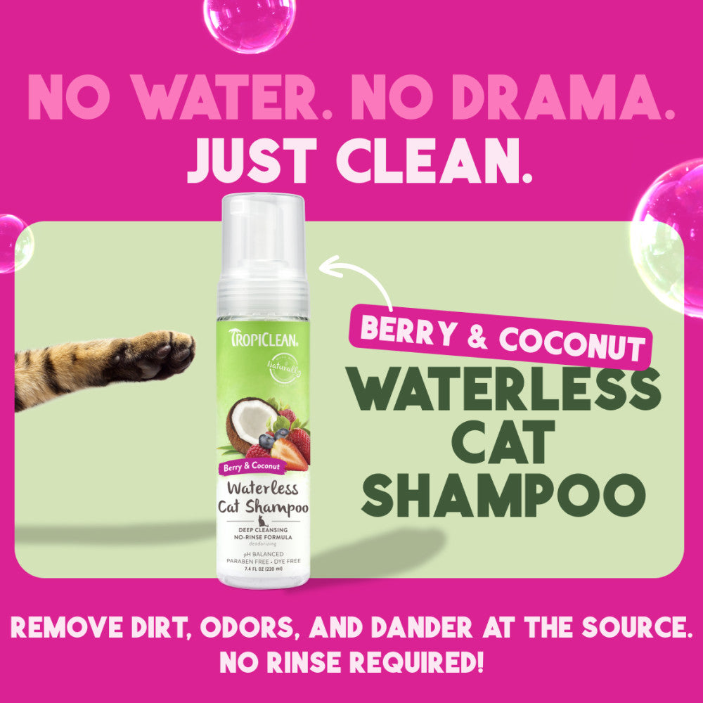 Tropiclean berry and coconut waterless cat shampoo on a pink and green background with text.
