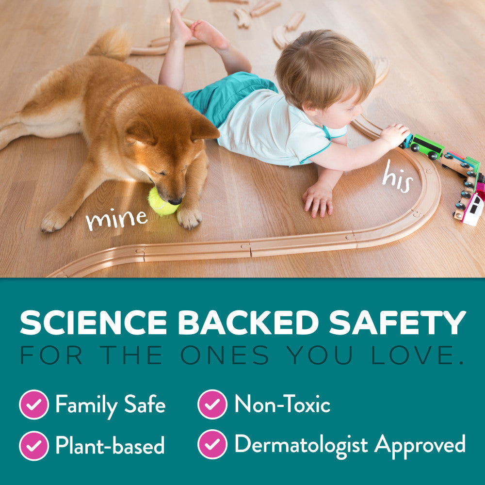 Child playing with a dog on a wooden floor with a toy train set, featuring text about product safety. TropiClean Chew Stop Behavior Aid Dog & Home Spray