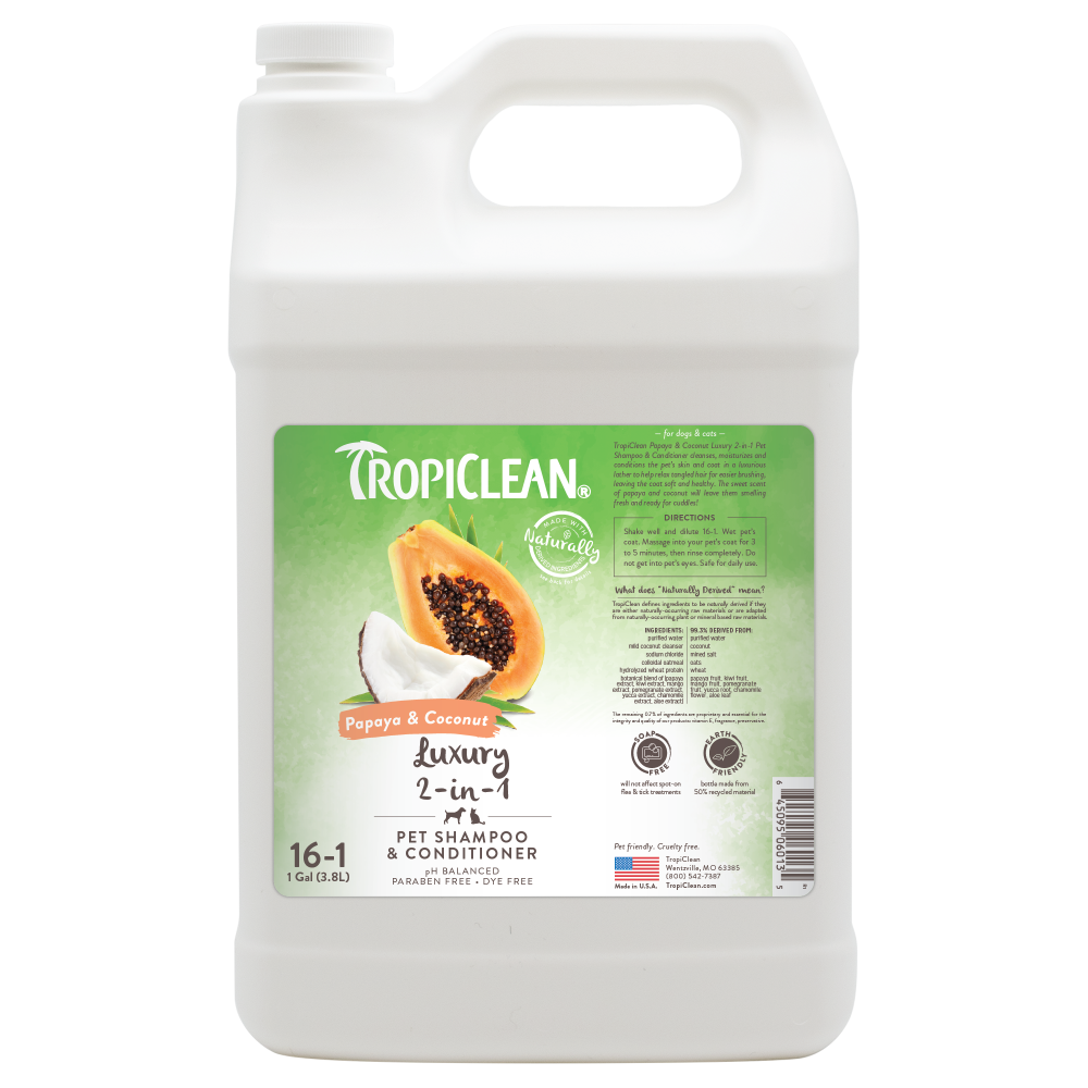 TropiClean Papaya & Coconut 2-In-1 Shampoo and Conditioner for Pets, image of front of 1gal bottle