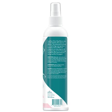 TropiClean Chew Stop Behavior Aid Puppy Spray, back of 8oz spray bottle