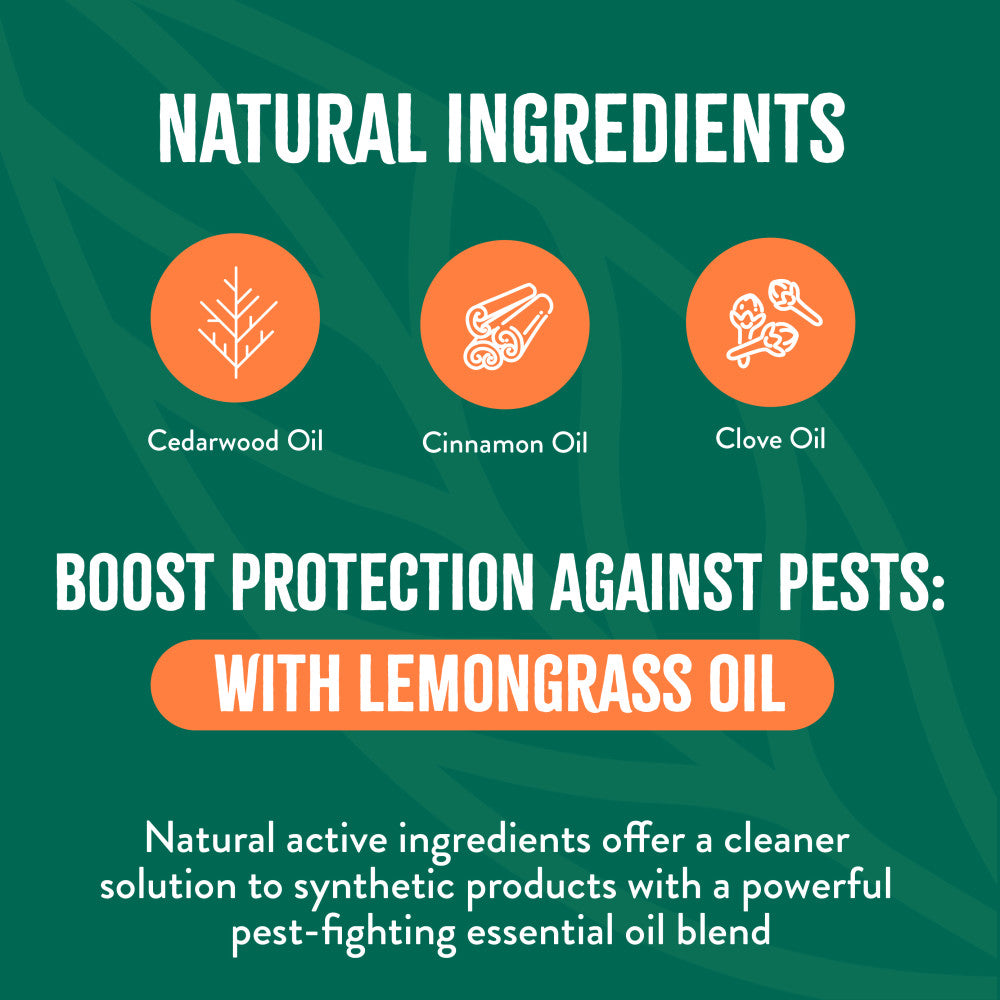 TropiClean Natural Flea + Tick Laundry Additive. Promotional graphic highlighting natural ingredients for pest protection with lemongrass oil on a green background.