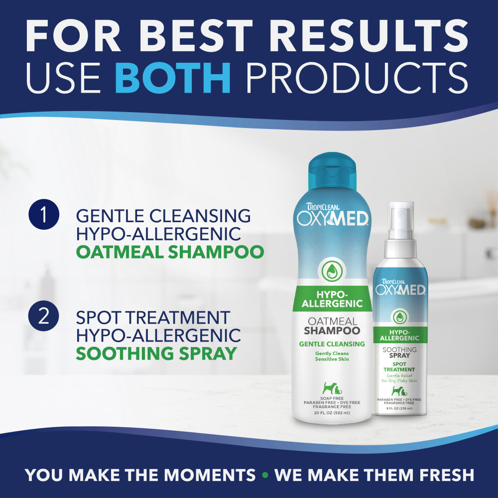 TropiClean OxyMed Hypoallergenic Oatmeal Shampoo for Dogs and Cats, front of shampoo and spray bottles with text.
