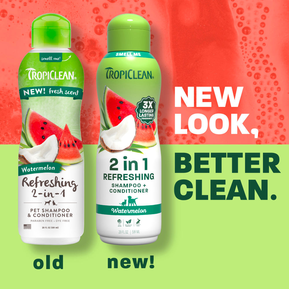 New vs old look TropiClean watermelon shampoo