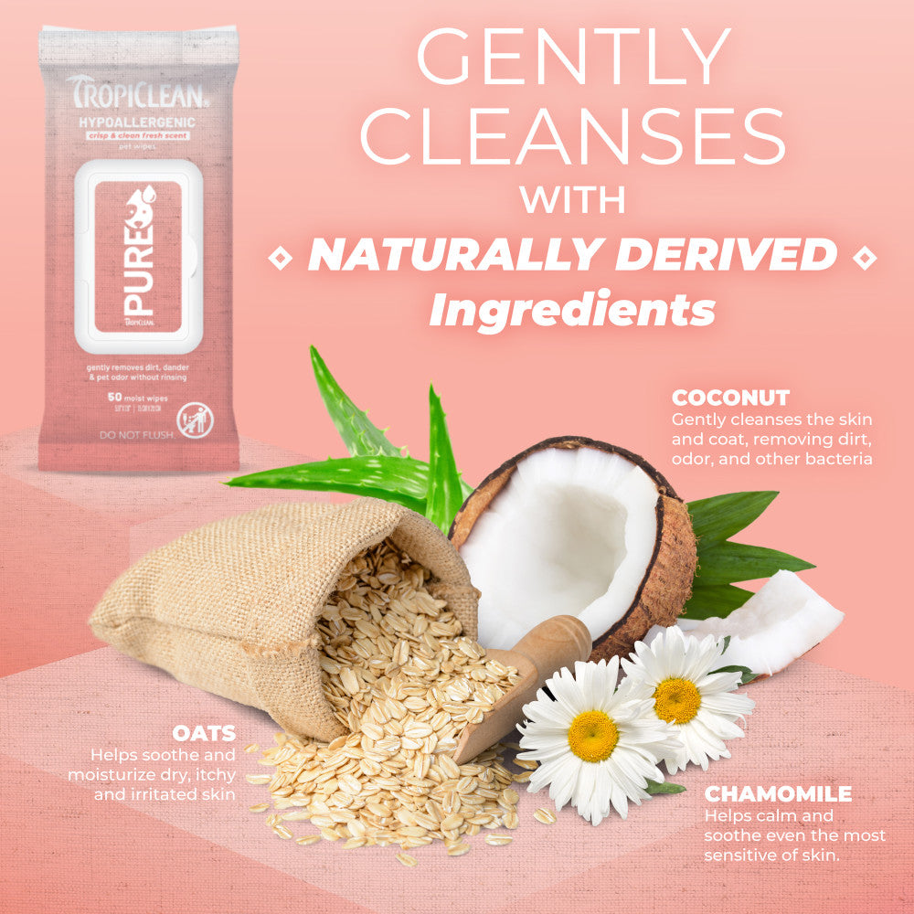 TropiClean PURE Hypoallergenic Plant-Based Wipes for Dogs & Cats with natural ingredients on a pink background