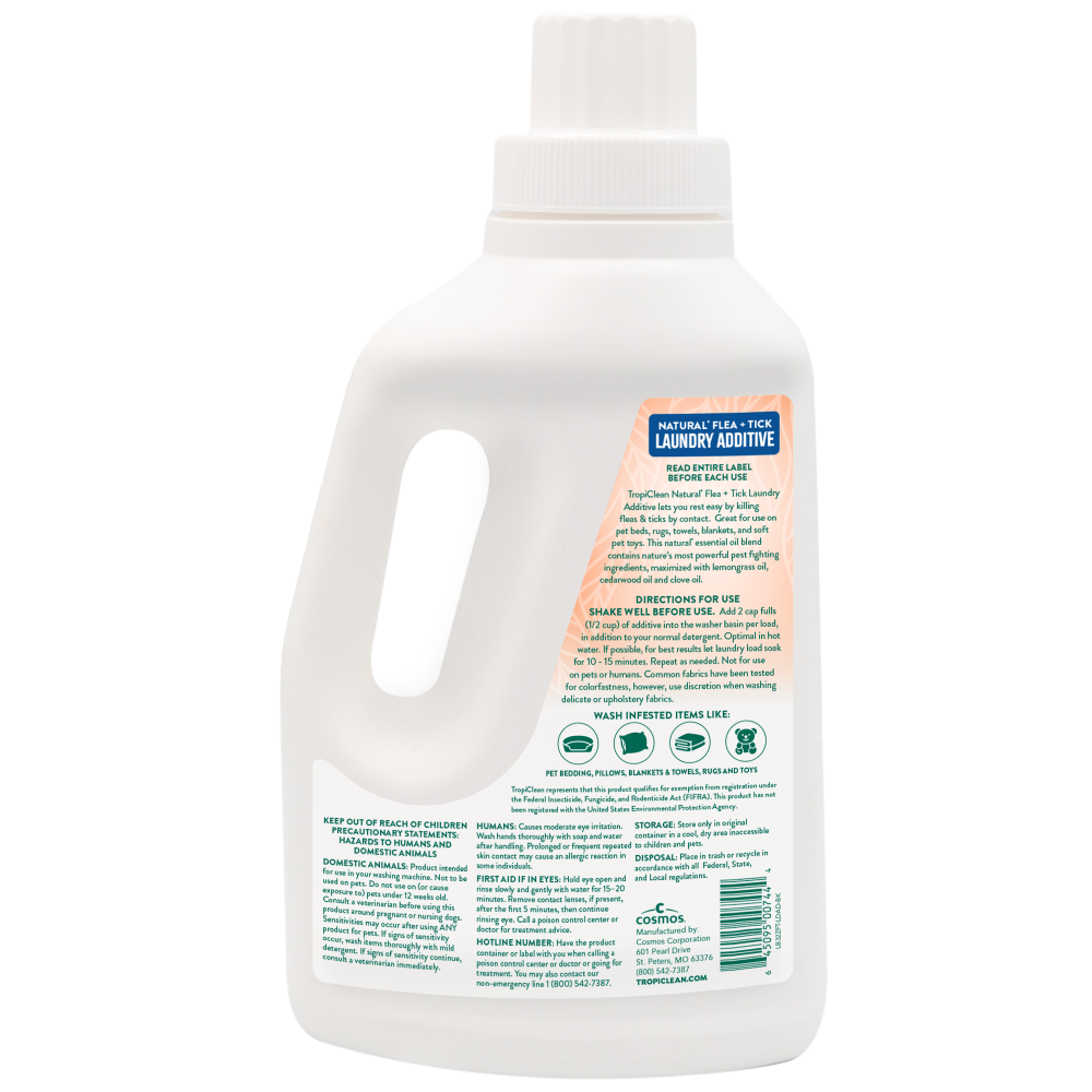 TropiClean Natural Flea + Tick Laundry Additive, back of 2oz bottle