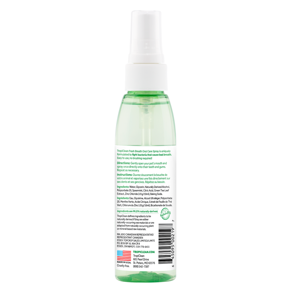 TropiClean Fresh Breath Oral Care Spray for Pets, image of back of bottle