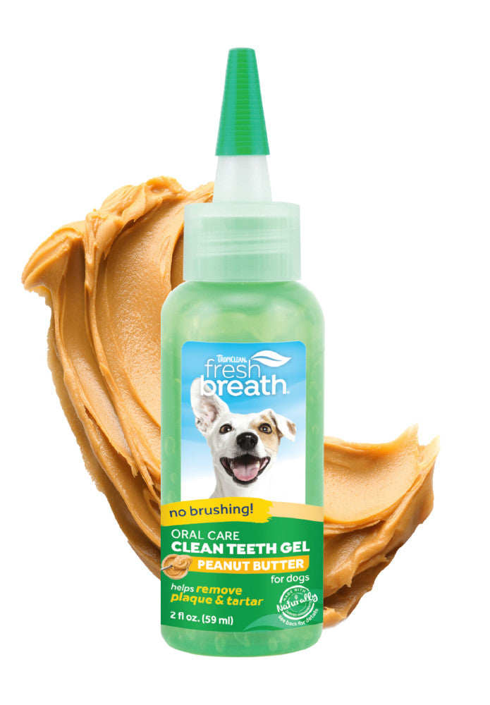 TropiClean Fresh Breath Peanut Butter Dental & Oral Care Gel for Dogs, image of 2oz bottle with peanut butter