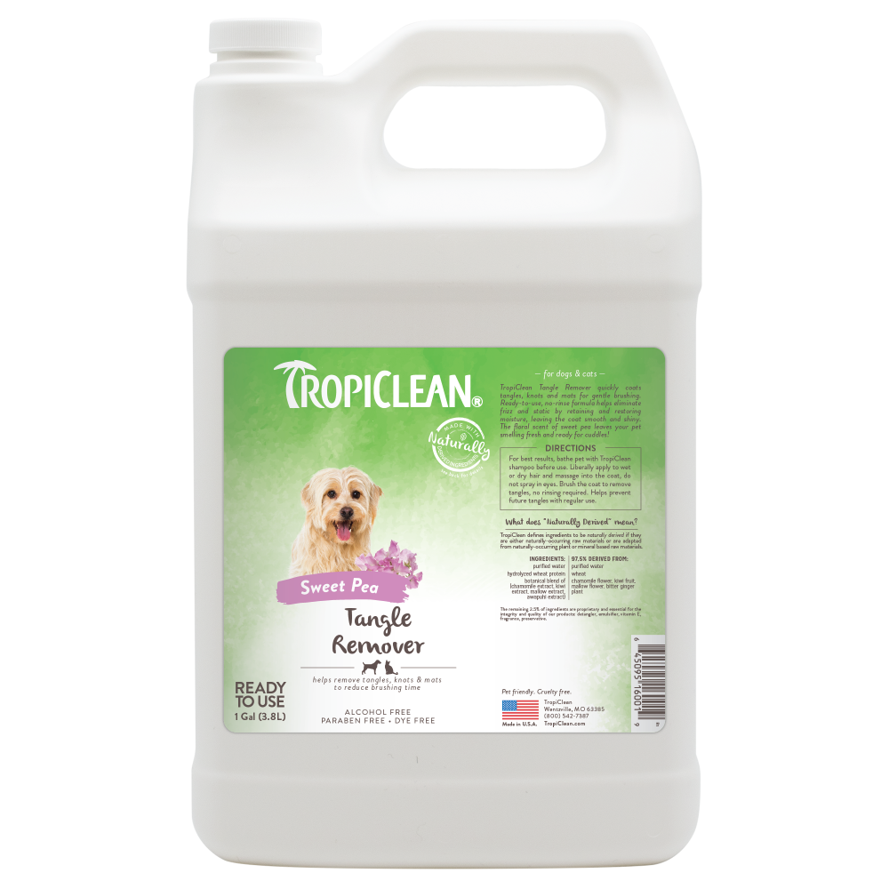 TropiClean Sweet Pea Tangle Remover Spray for Dogs & Cats front of 1gal bottle