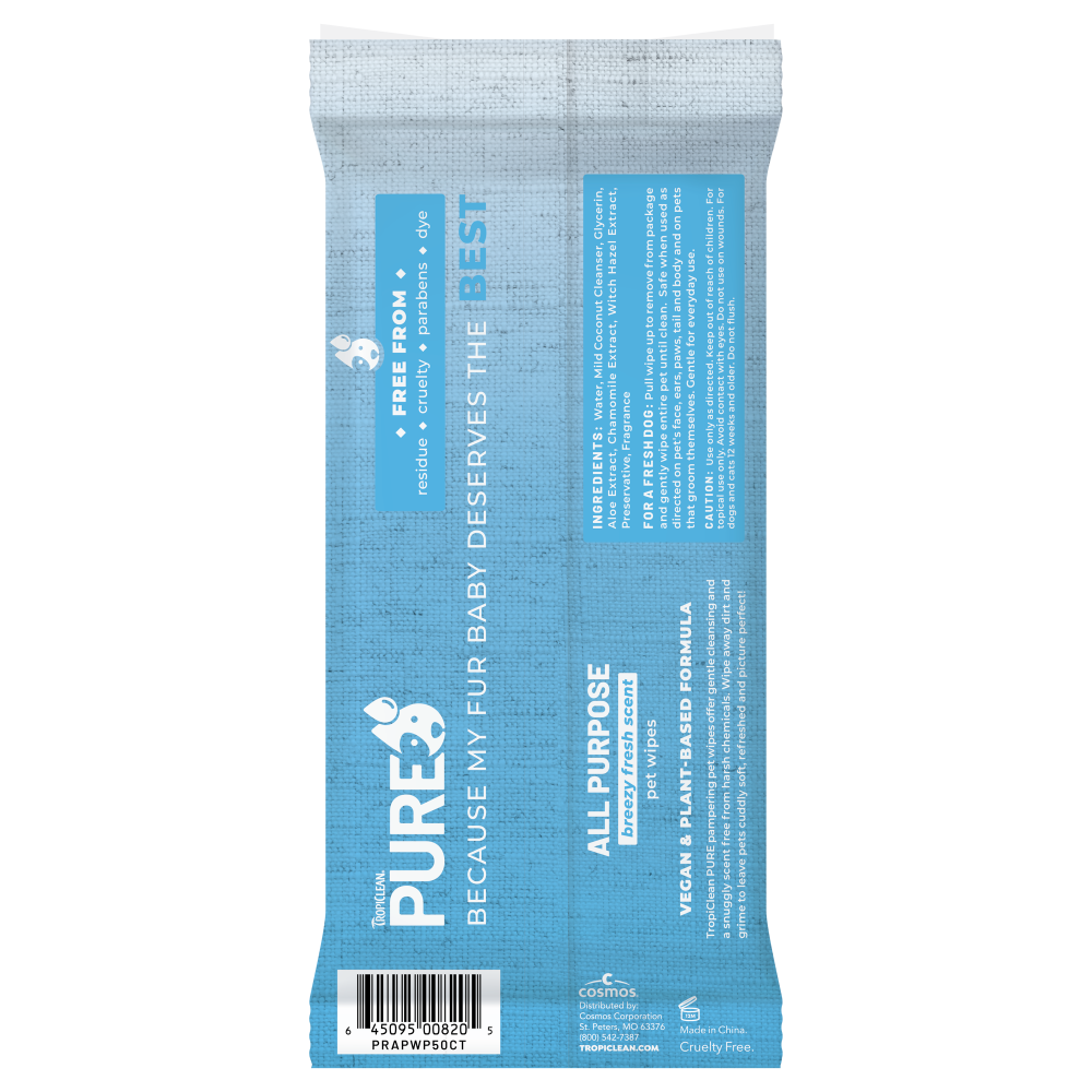 TropiClean PURE All Purpose Plant Based Wipes for Dogs & Cats, back of 50ct package