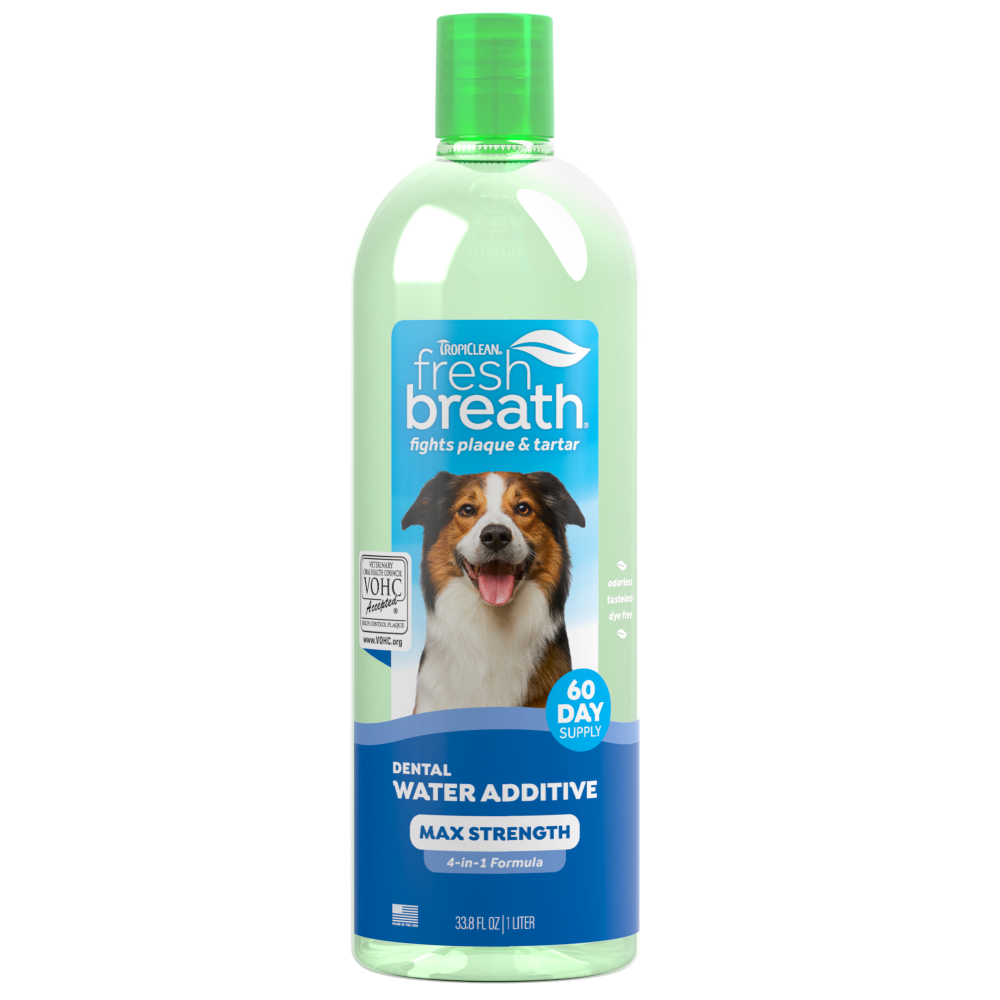 TropiClean Fresh Breath Max Strength Dental Water Additive for Dogs, front image of 33.8oz bottle