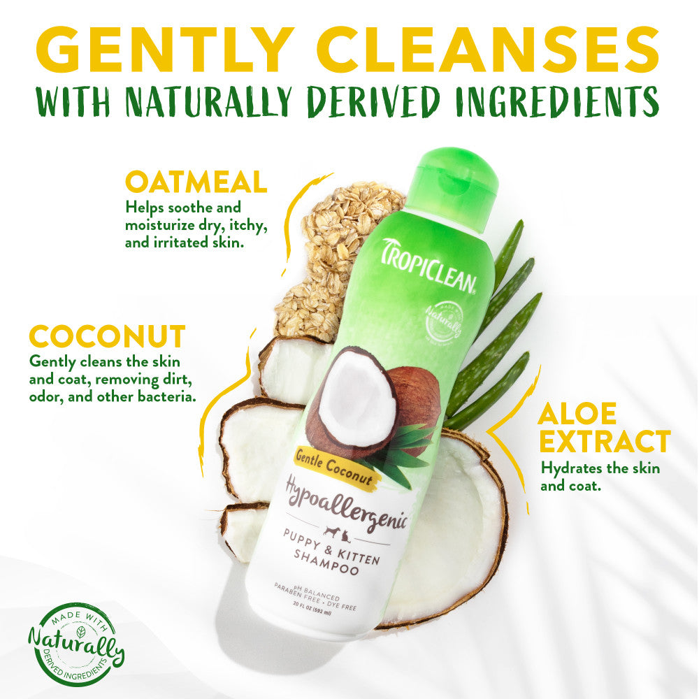TropiClean Gentle Coconut Hypoallergenic Puppy and Kitten Shampoo bottle with ingredients labeled on a white background