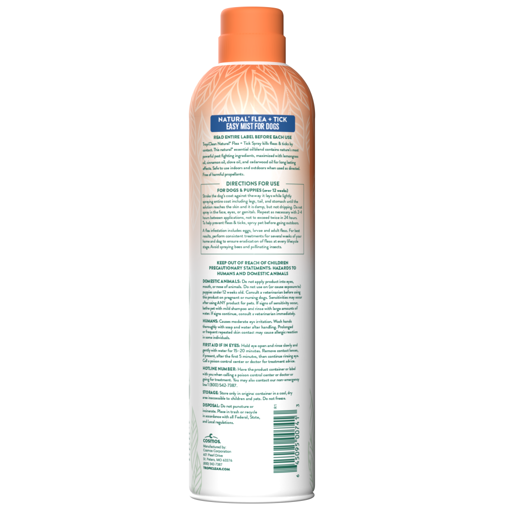 TropiClean Natural Flea + Tick Dog + Home Easy Mist Spray, image of back of bottle