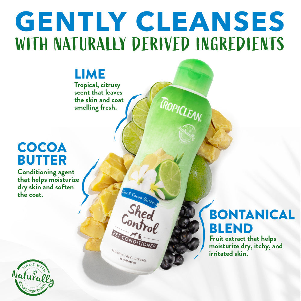 TropiClean Lime & Cocoa Butter Shed Control Conditioner for Pets, bottle with lime, cocoa butter, and botanical blend text