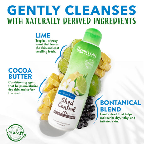 TropiClean Lime & Cocoa Butter Shed Control Conditioner for Pets, bottle with lime, cocoa butter, and botanical blend text