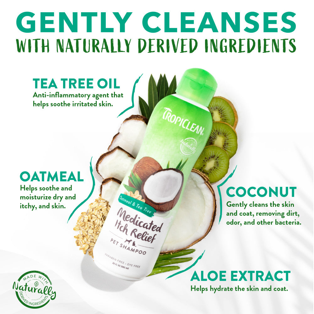 TropiClean Oatmeal & Tea Tree Medicated Itch Relief Shampoo for Pets. Tropiclean Medicated Itch Relief pet shampoo bottle with natural ingredients displayed on a white background