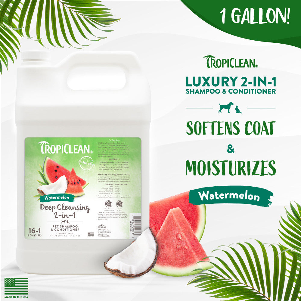 Tropiclean Luxury 2-in-1 Shampoo & Conditioner for pets with watermelon flavor on a white background.