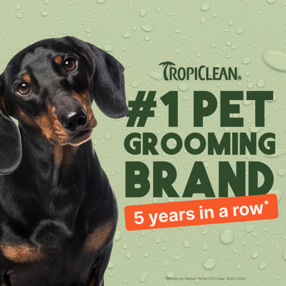 TropiClean Papaya Mist Deodorizing Pet Spray for Dogs & Cats. Dog with Tropiclean branding on a green background