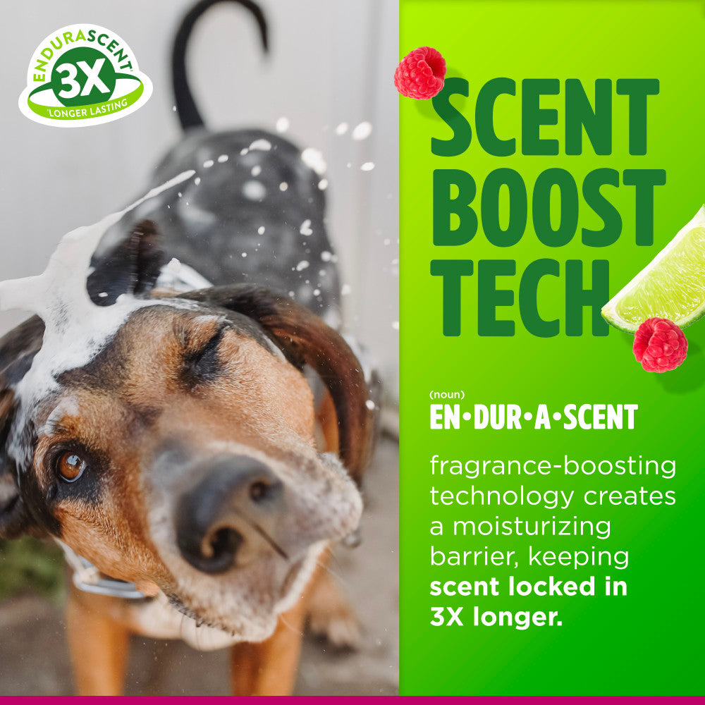 Dog being washed with a TropiClean EnduraScent Raspberry Lime Deodorizing Shampoo bottle and text about EN-DUR-A-SCENT scent boost technology.
