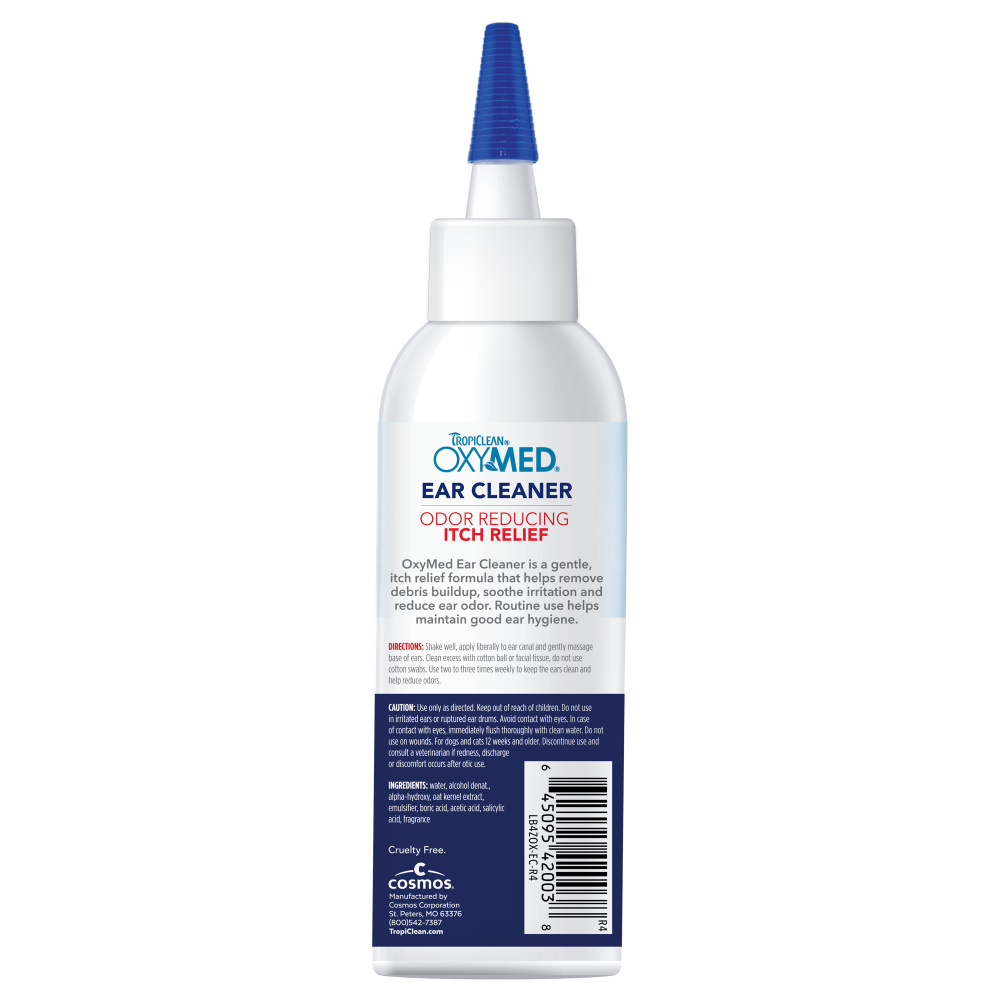 TropiClean OxyMed Ear Cleaner for Dogs and Cats, back of blue and white bottle