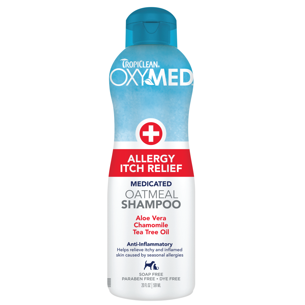 TropiClean OXYMED Allergy Itch Relief Pet Shampoo, front of bottle