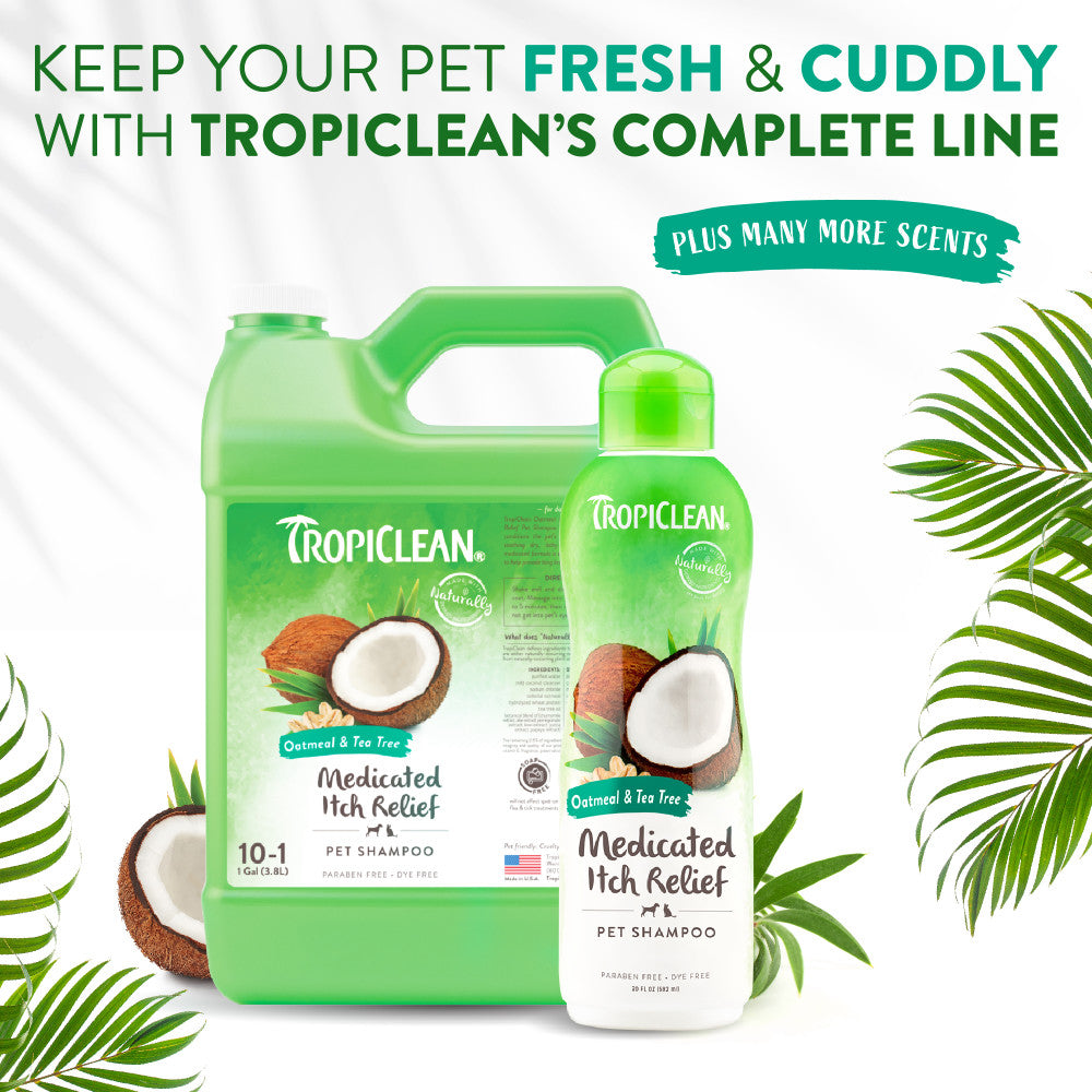 TropiClean Oatmeal & Tea Tree Medicated Itch Relief Shampoo for Pets products in different sizes with coconut illustration on a white background