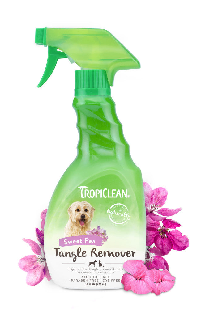 TropiClean Sweet Pea Tangle Remover Spray for Dogs & Cats, front of spray bottle with Sweet Pea flowers