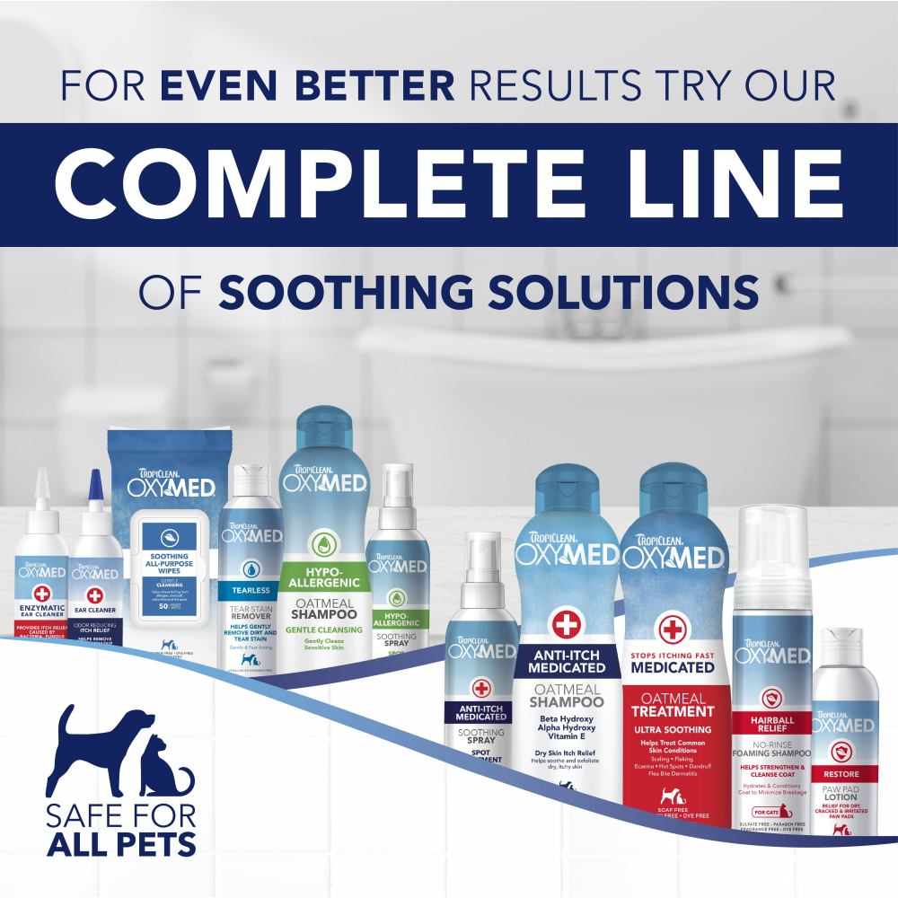 Oxymed pet care products with text promoting a complete line of soothing solutions.