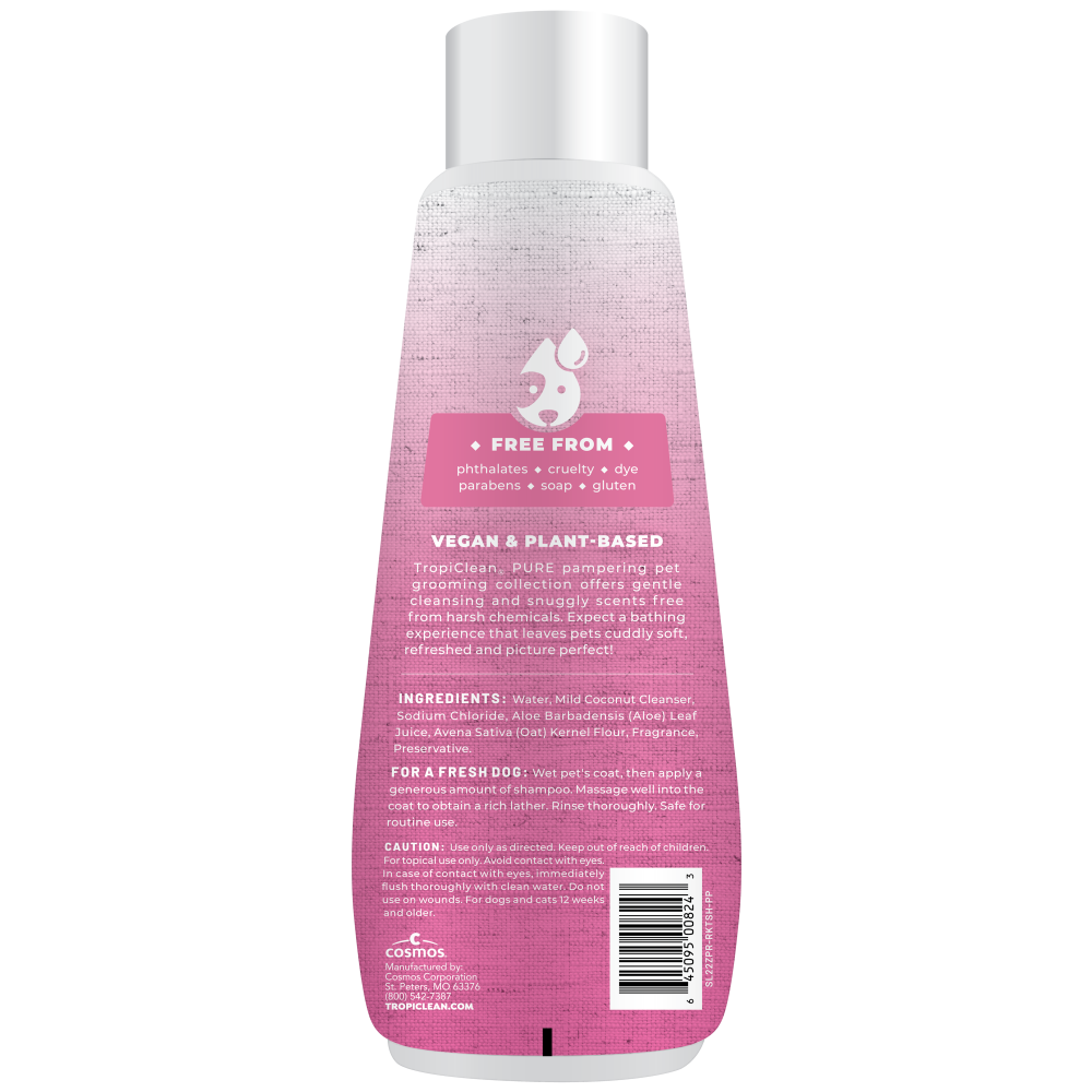 TropiClean PURE Raindrop Kisses Tearless Plant-Based Puppy Shampoo, back of bottle