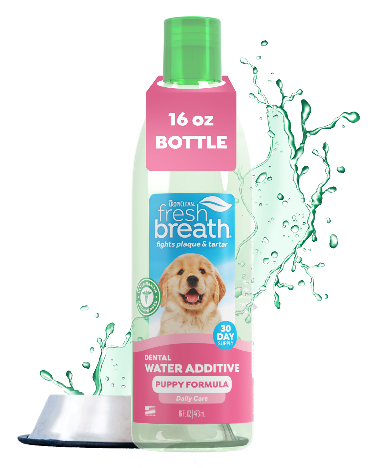 TropiClean Fresh Breath Oral Care Water Additive for Puppies, front view of 16oz bottle