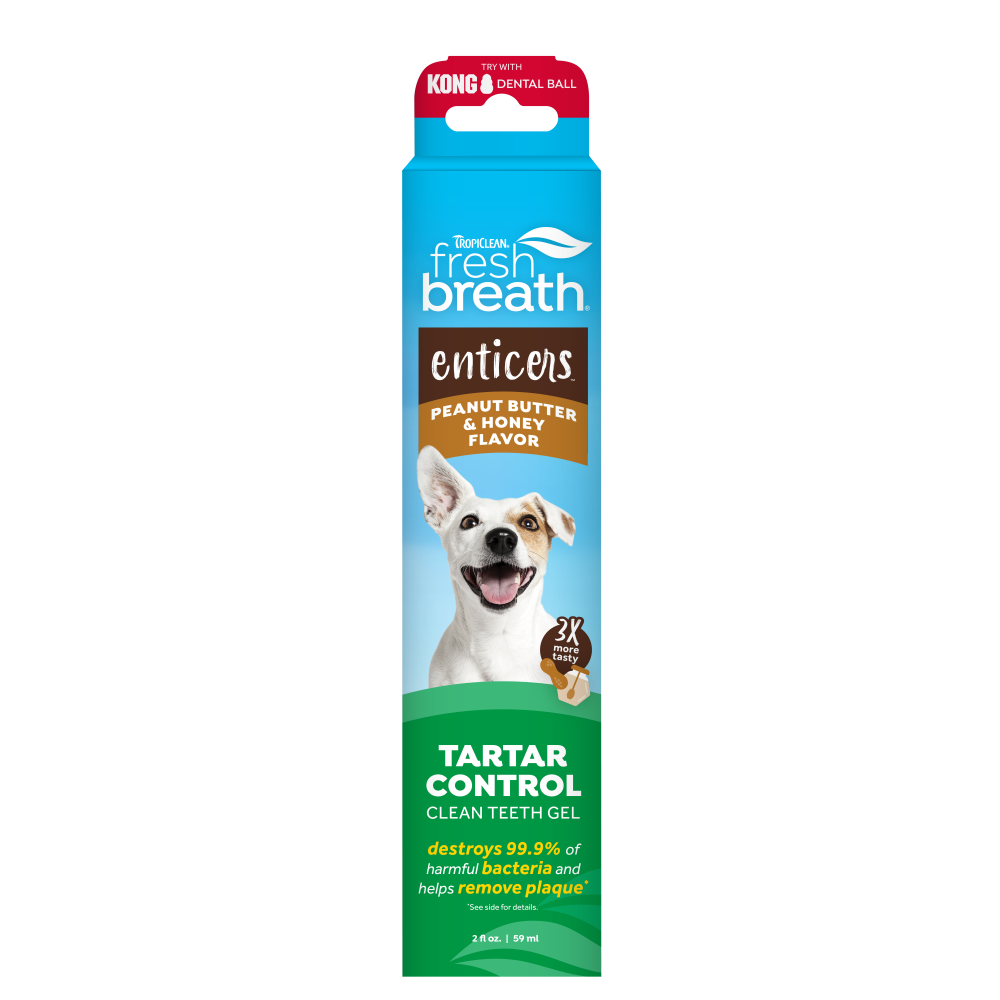 Fresh Breath Enticers Peanut Butter & Honey Tartar Control Dog Toothpaste by TropiClean, front of 2oz package.