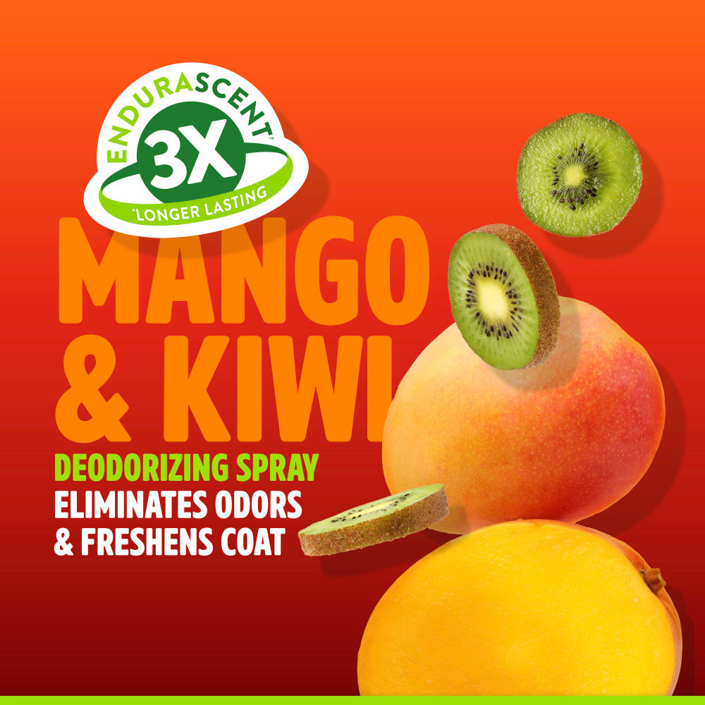 TropiClean EnduraScent Mango Kiwi Pet Deodorizing Spray advertisement with fruits on an orange background