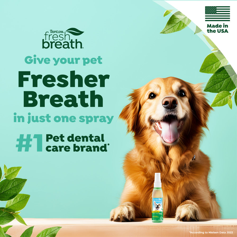 Dog with TropiClean Fresh Breath Oral Care Spray for Pets, featuring the brand 'TropiClean Fresh Breath'.
