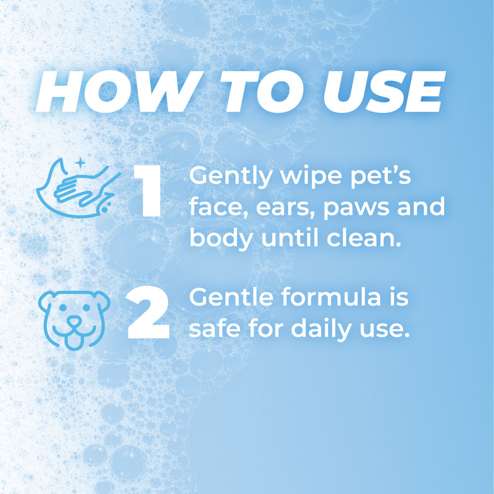 Instructions on how to use TropiClean PURE All Purpose Plant Based Wipes for Dogs & Cats with icons and text on a blue background.