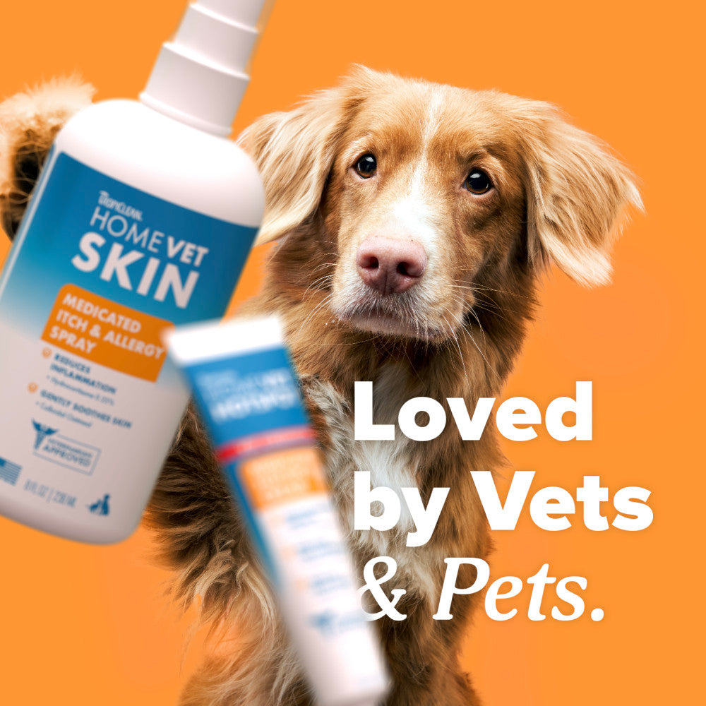 TropiClean HomeVet Medicated Itch & Allergy Pet Spray. Dog with Home Vet Skin products on an orange background