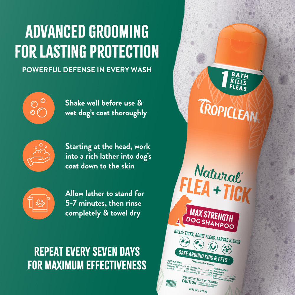 TropiClean Natural Flea and Tick Maximum Strength Shampoo for Dogs bottle with usage instructions