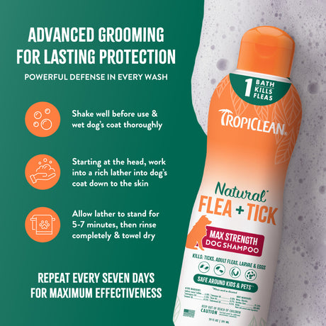 TropiClean Natural Flea and Tick Maximum Strength Shampoo for Dogs bottle with usage instructions