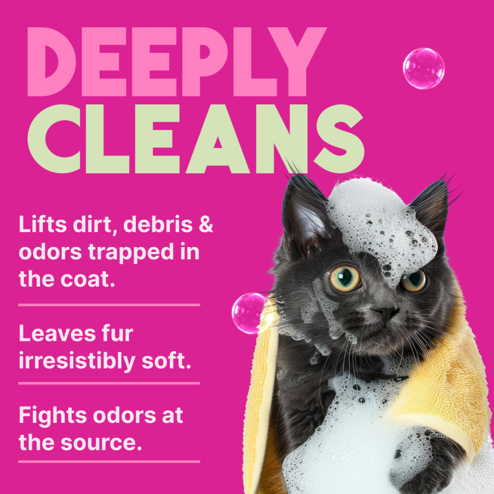 TropiClean Berry & Coconut Deep Cleansing Shampoo for Cats & Kittens. Cat with a bath towel and bubbles with text about pet cleaning products