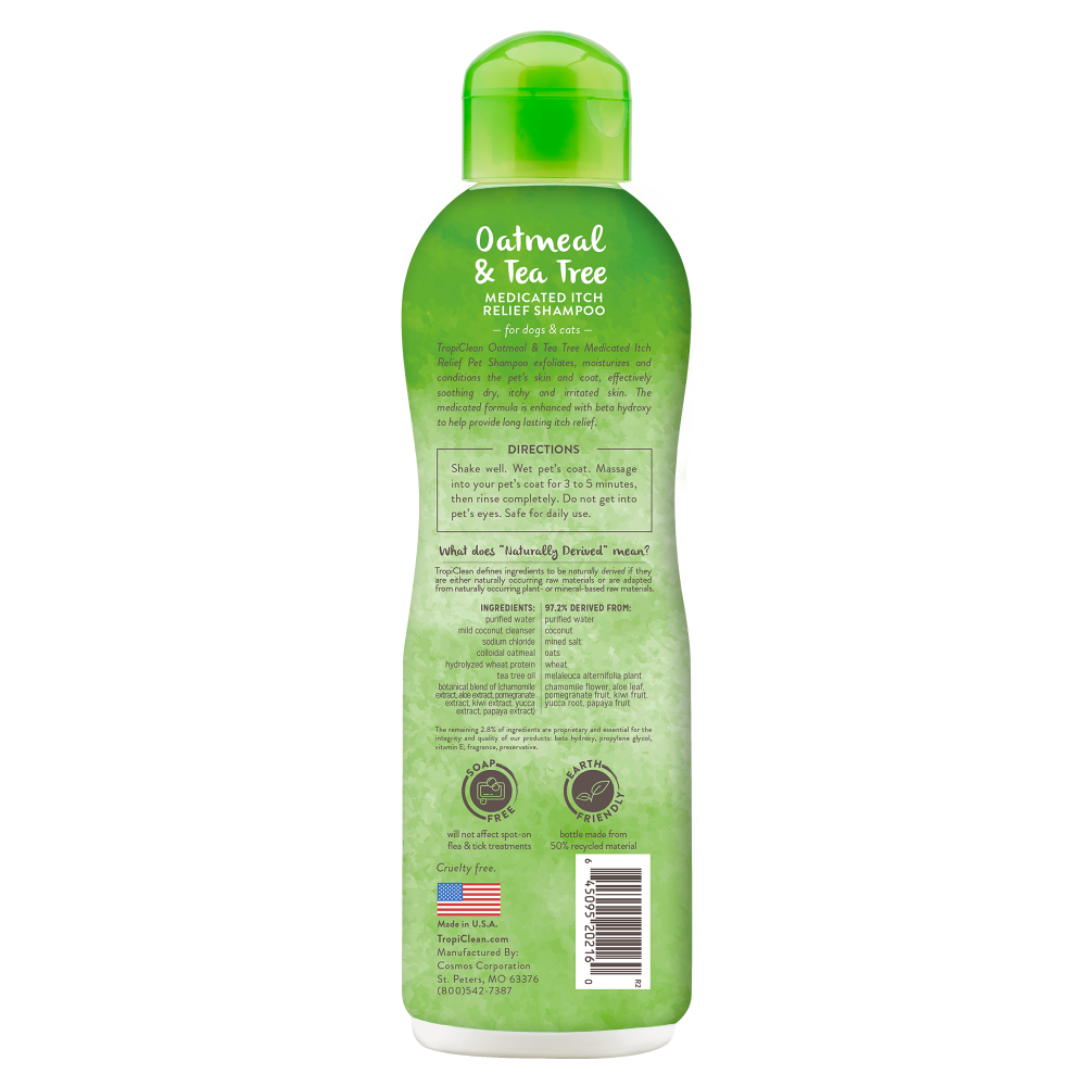 TropiClean Oatmeal & Tea Tree Medicated Itch Relief Shampoo for Pets, back of bottle
