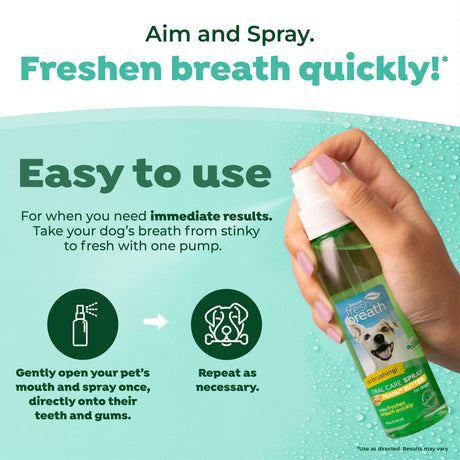 TropiClean Fresh Breath Peanut Butter Oral Care Spray for Pets with instructions on a green background