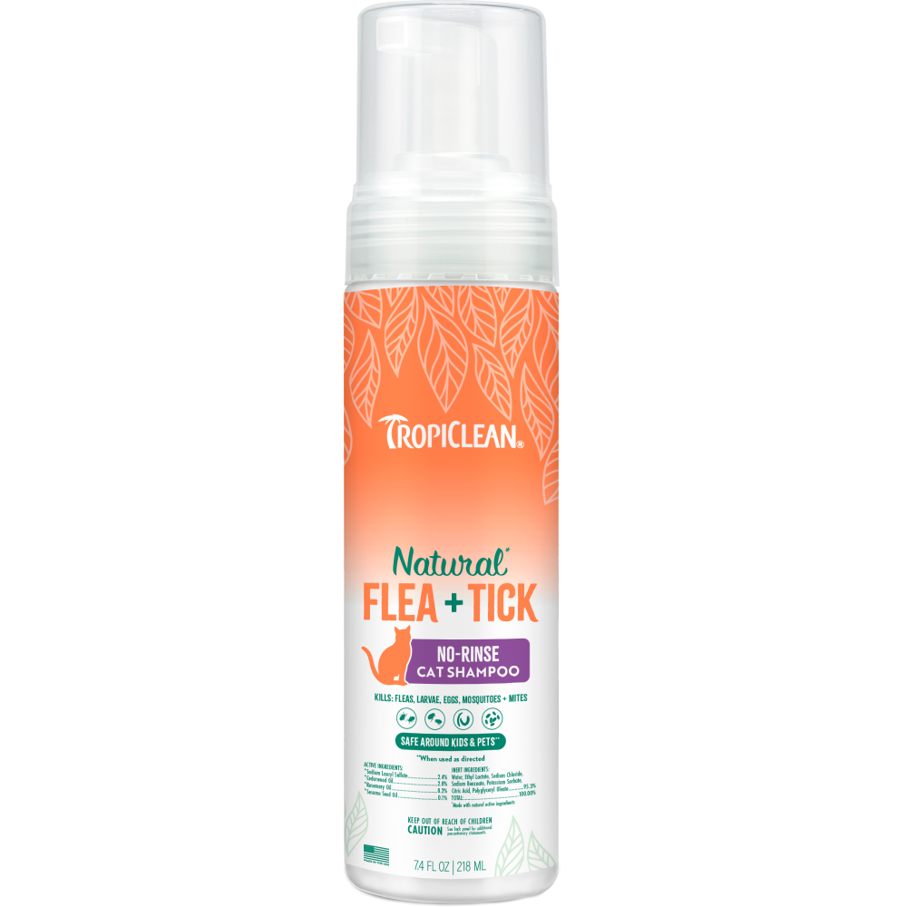 TropiClean Natural Flea + Tick Waterless Shampoo for Cats, image of front of bottle
