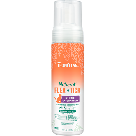 TropiClean Natural Flea + Tick Waterless Shampoo for Cats, image of front of bottle