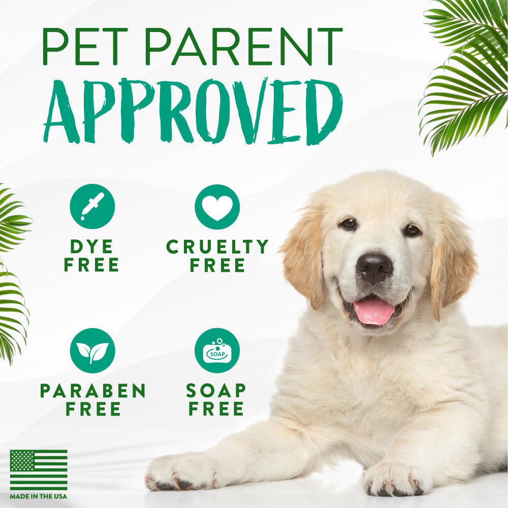 TropiClean Oatmeal & Tea Tree Medicated Itch Relief Shampoo for Pets. Dog with 'Pet Parent Approved' label, highlighting dye-free, cruelty-free, paraben-free, and soap-free product.