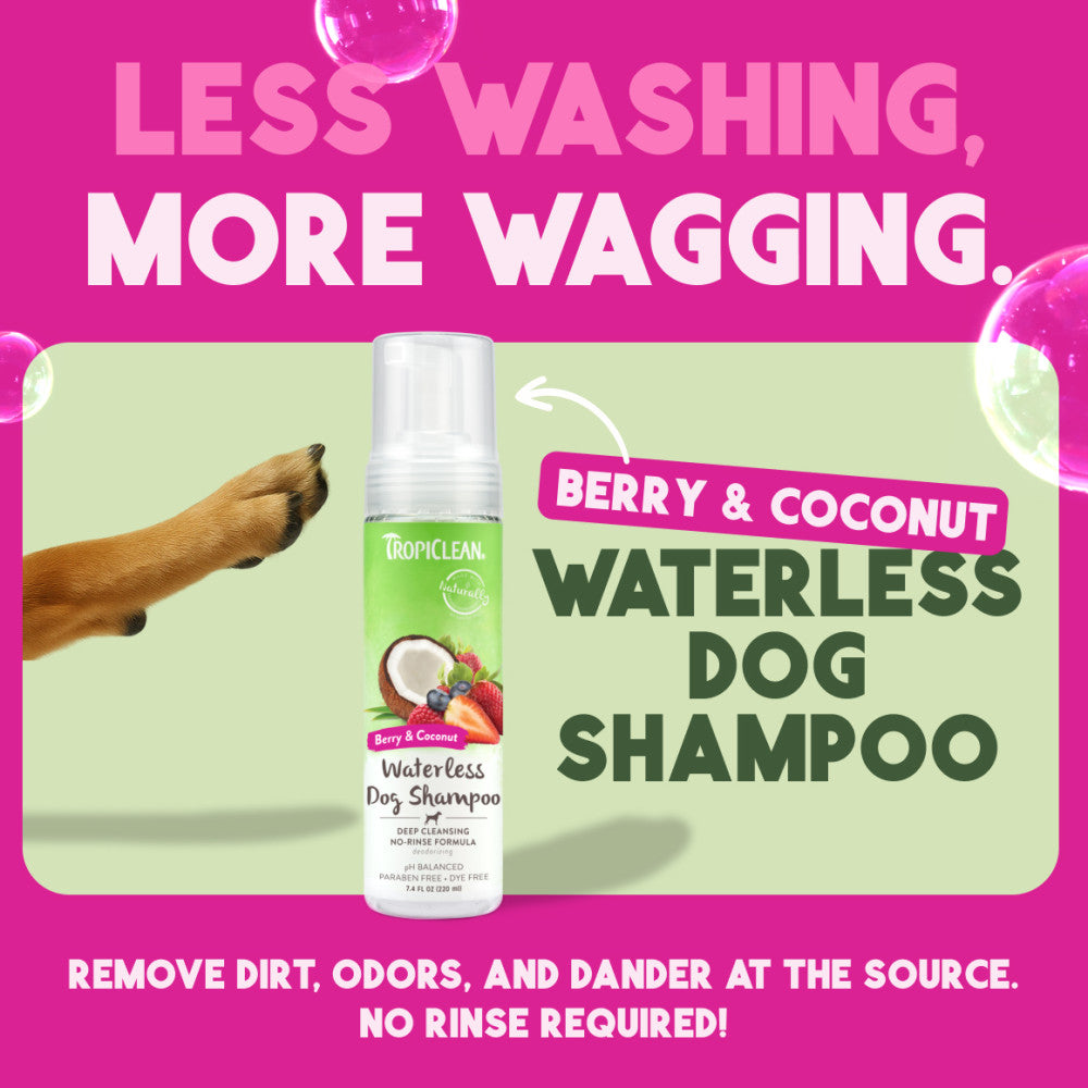 TropiClean Deep Cleansing Waterless Dog Shampoo with promotional text on a pink background
