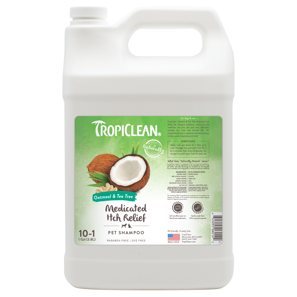TropiClean Oatmeal & Tea Tree Medicated Itch Relief Shampoo for Pets, front view of 1 gal container
